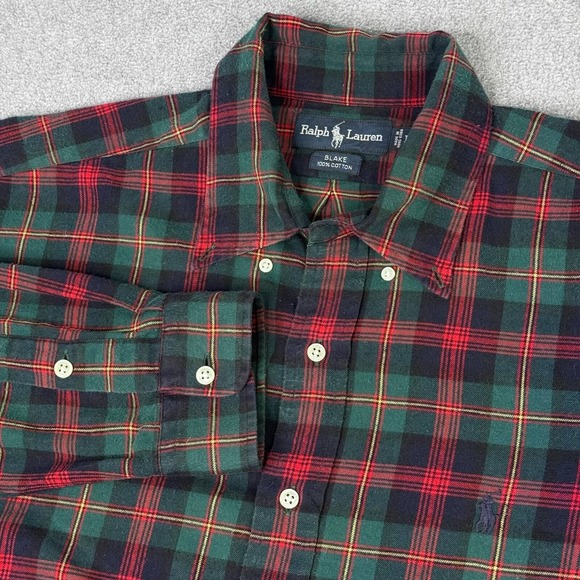 Vintage Ralph Lauren Blake Shirt Mens Large Green Plaid Tartan Preppy Academia - Picture 1 of 6